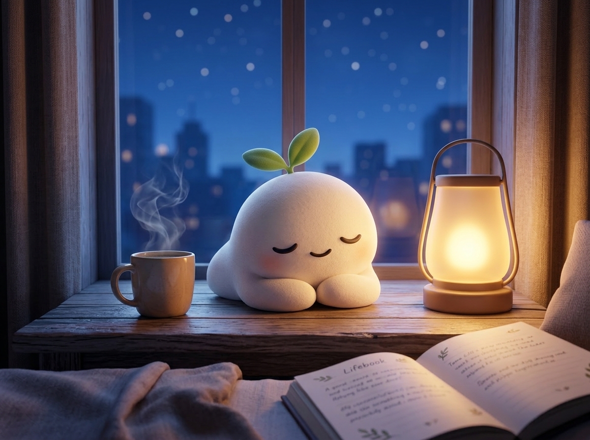 Tama dozing peacefully on a windowsill at night beside a warm lantern and a steaming mug, with a city skyline and falling snow outside the window.