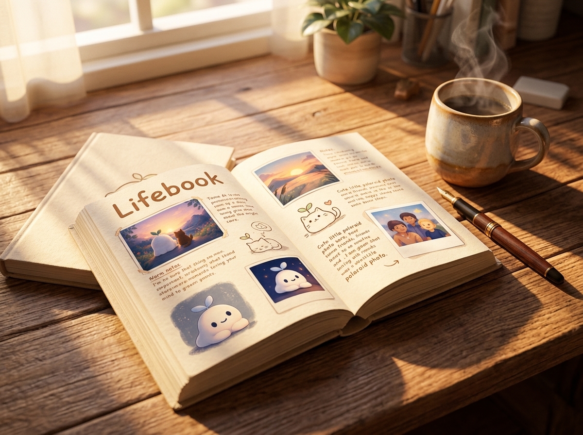 An open journal titled Lifebook on a sunlit wooden desk, filled with handwritten notes, small illustrations of Tama, and polaroid photographs, beside a steaming mug and a fountain pen.