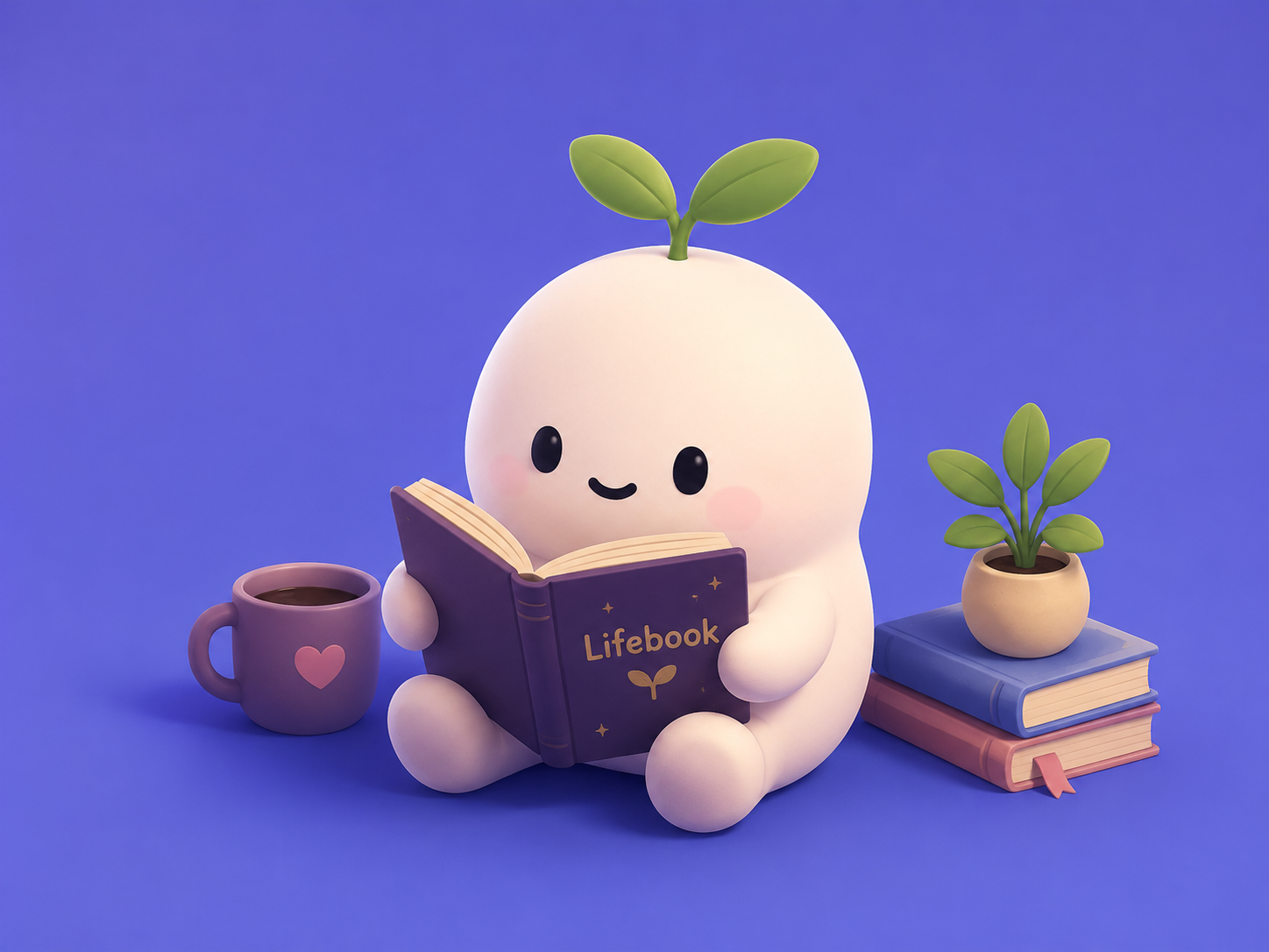 An open journal titled Lifebook on a sunlit wooden desk, filled with handwritten notes, small illustrations of Tama, and polaroid photographs, beside a steaming mug and a fountain pen.