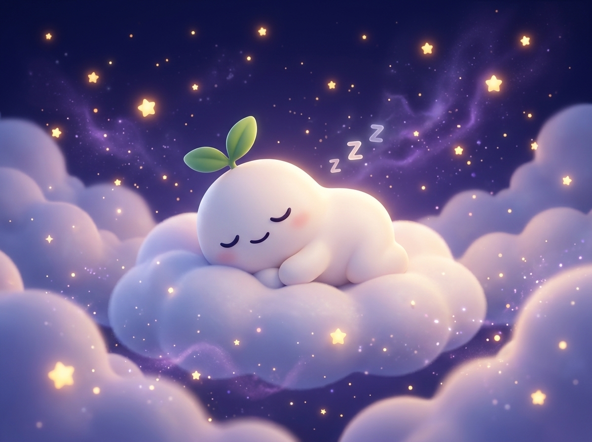 Tama asleep on a cloud beneath a starry purple sky.