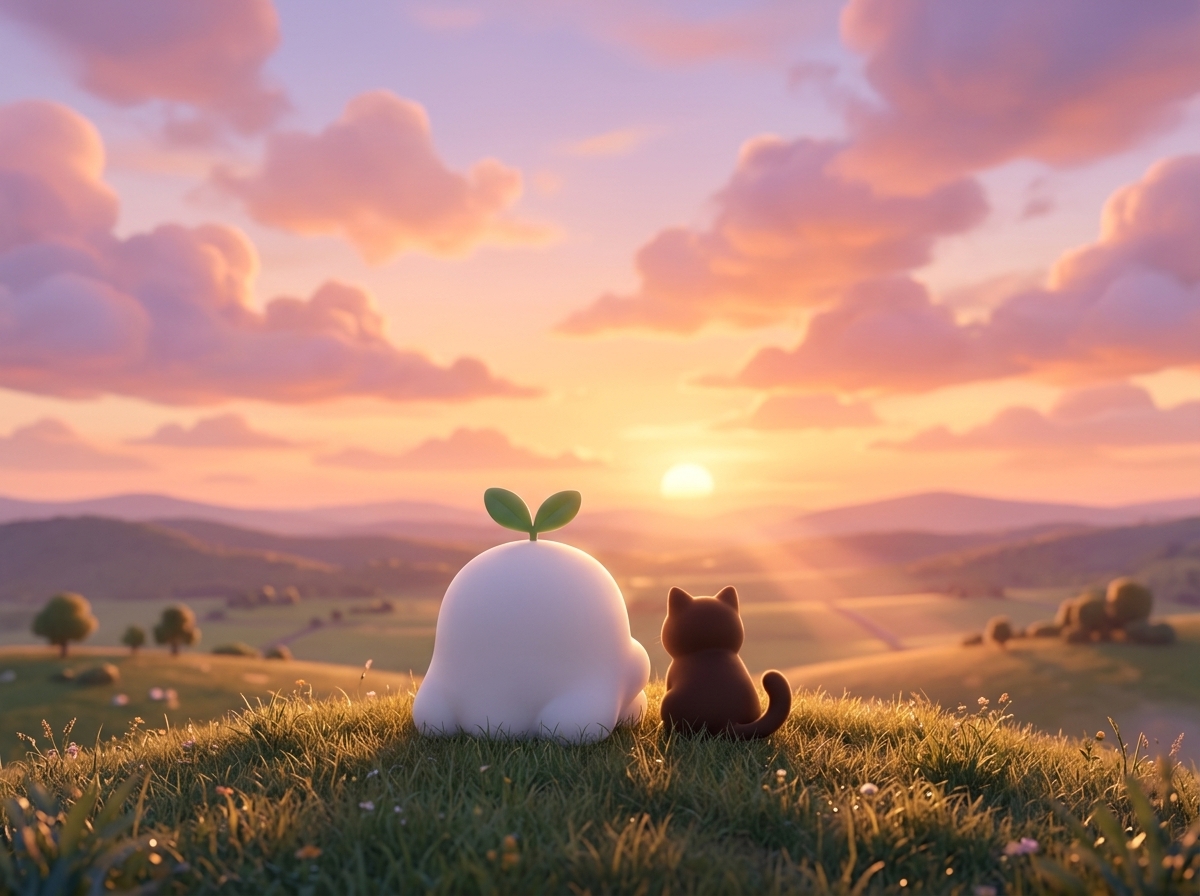 Tama sitting on a grassy hill at sunset with a cup of tea.