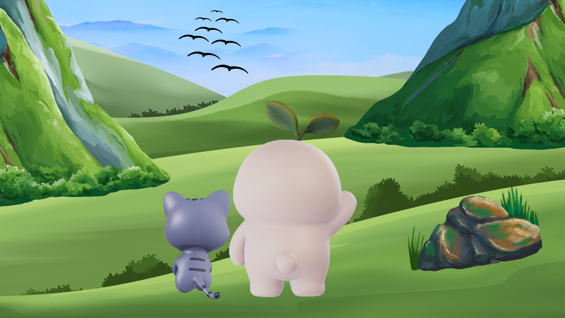 Tama sitting on a grassy hilltop at sunset, watching the sky with a small notebook resting beside it.